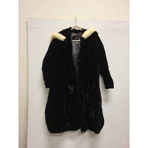 Vintage Black Velvet Coat Faux Fur Trim Hooded Winter Outerwear Jacket